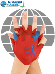 logo del progetto "mani che vedono", mani unite a praticare massaggio cardiaco e cuore tatuato, con logo salvamento academy